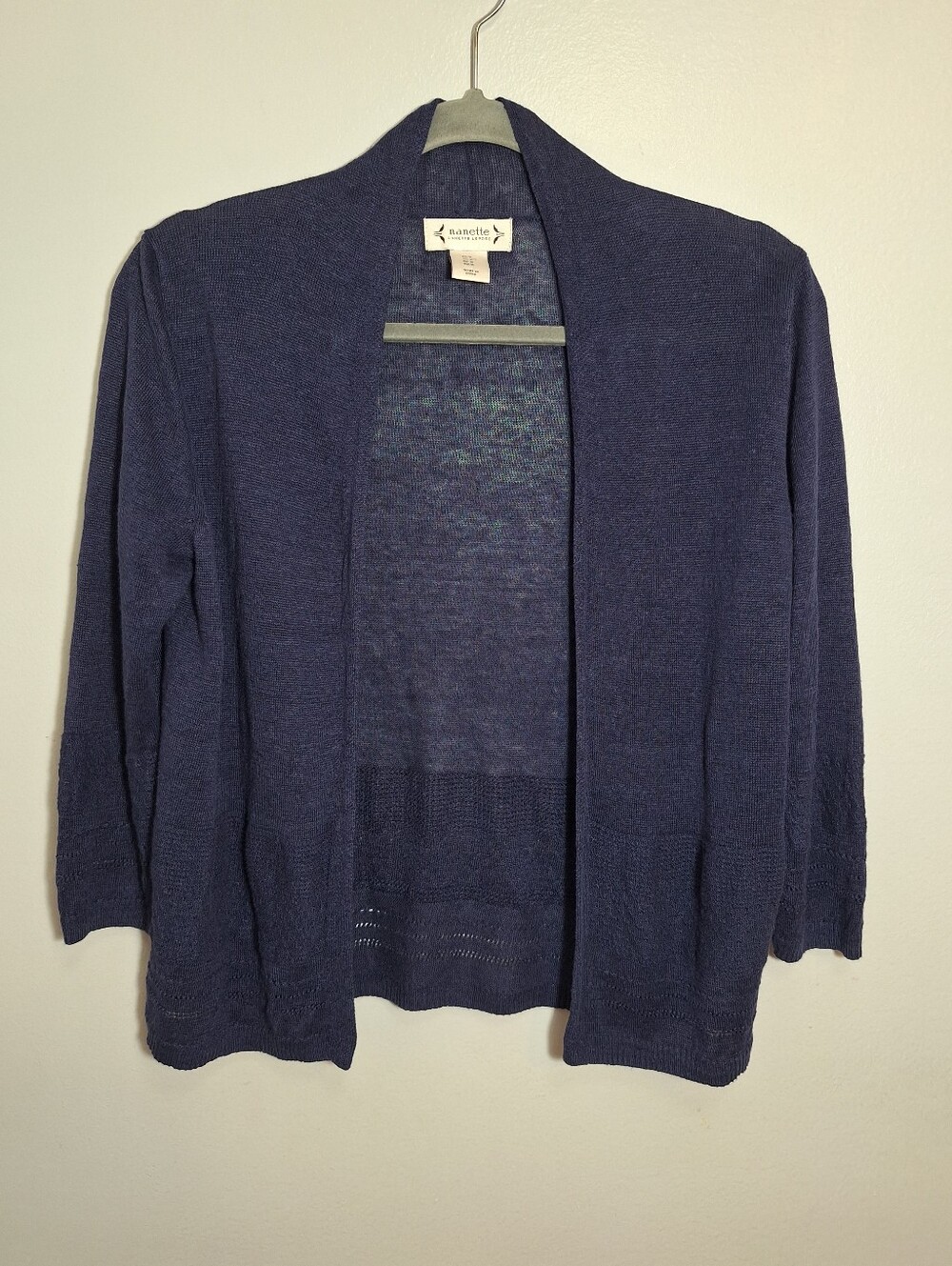 Nanette Lepore 100% Linen Navy Blue 3/4 Sleeve Open Knit Cardigan Crochet Medium